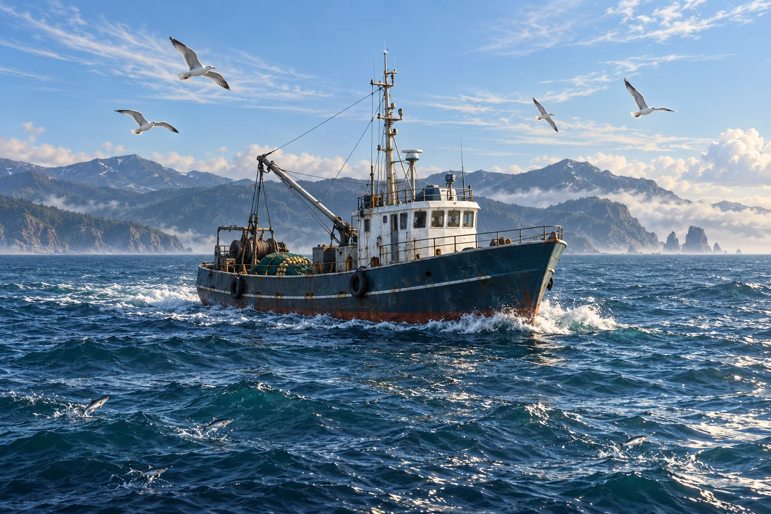Малый рыболовный сейнер МРС-150 в Охотском море, чайки над волнами и серебристая рыба у поверхности воды